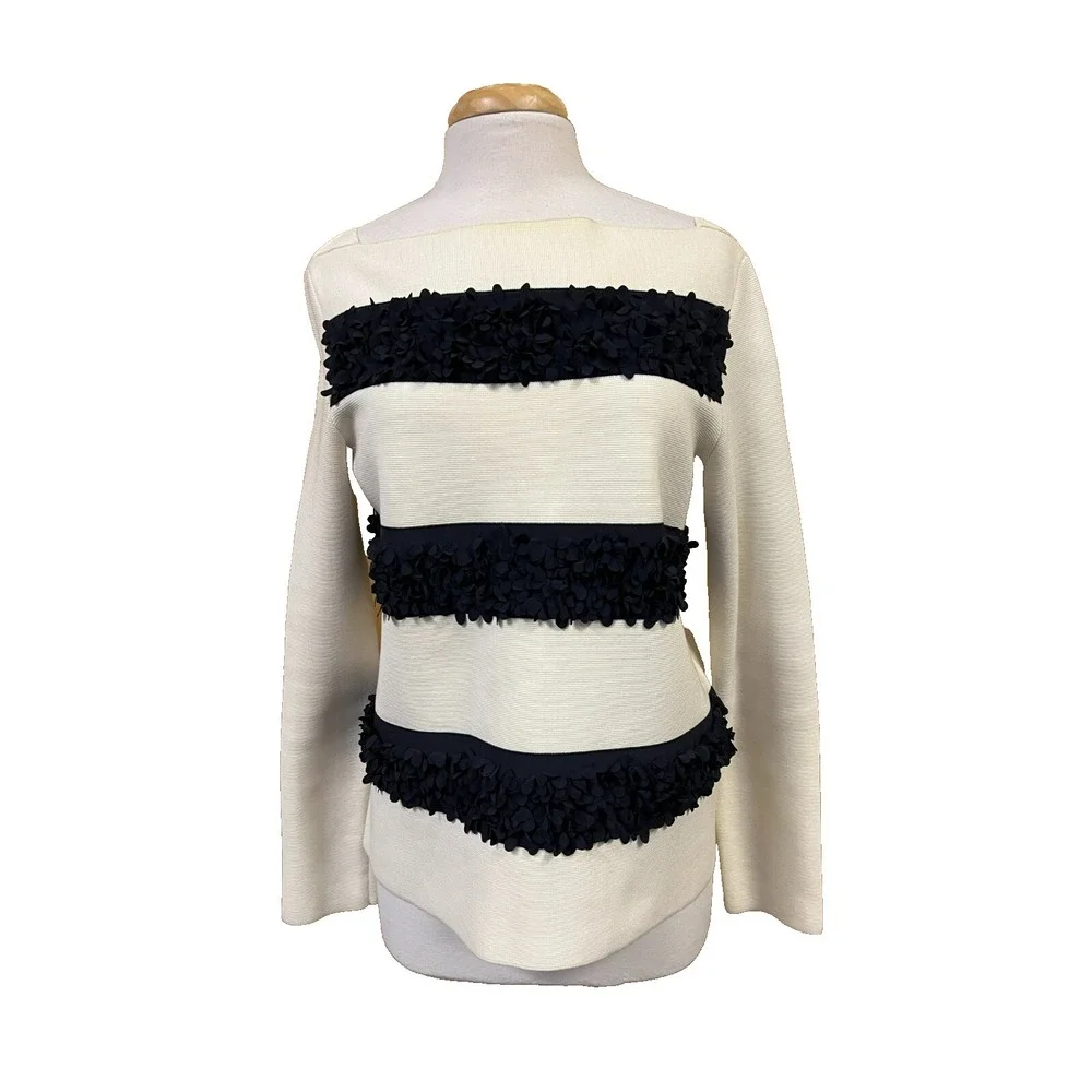 Tory Burch Flutter Flower Striped Top Bateau Neck Ivory Blue Long Sleeves SZ‎ M